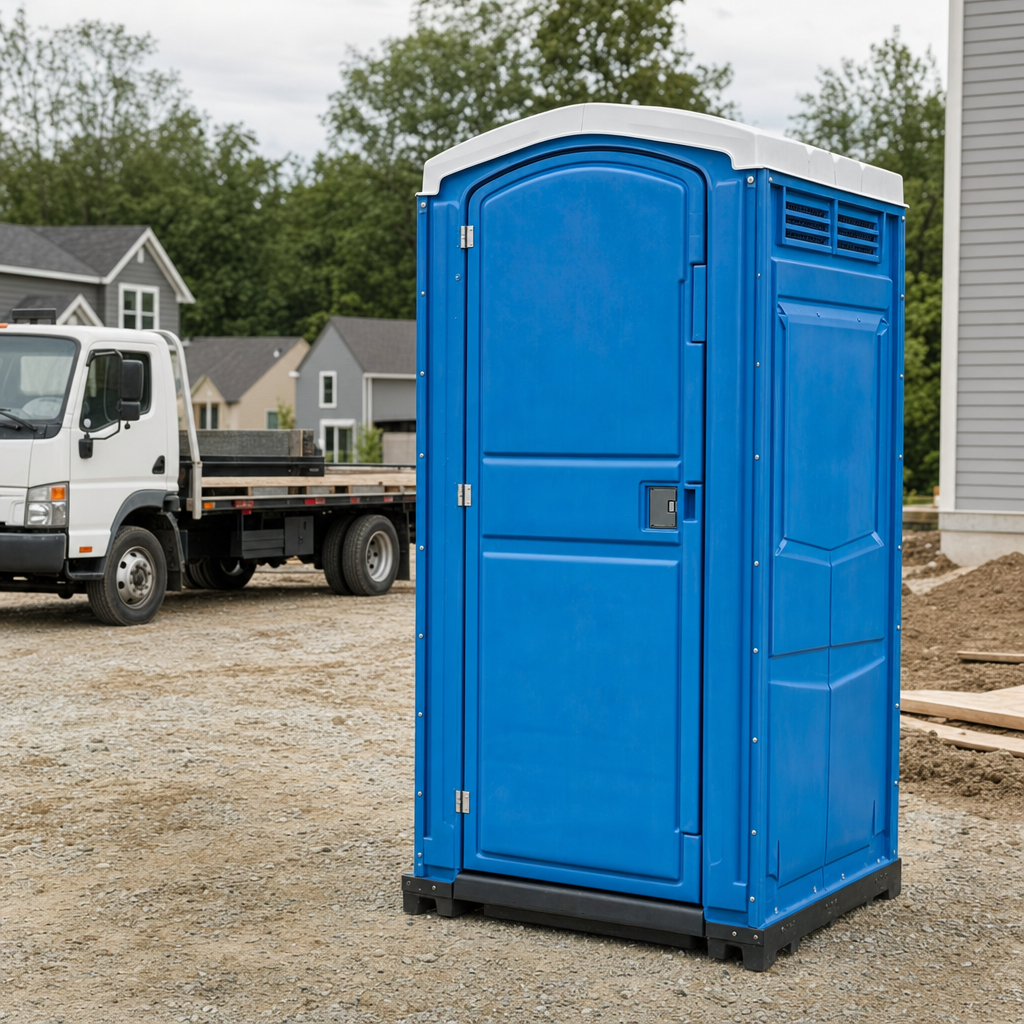 Delivery driver positioning a clean royal-blue portable toilet on level ground at a Fresh Meadows worksite