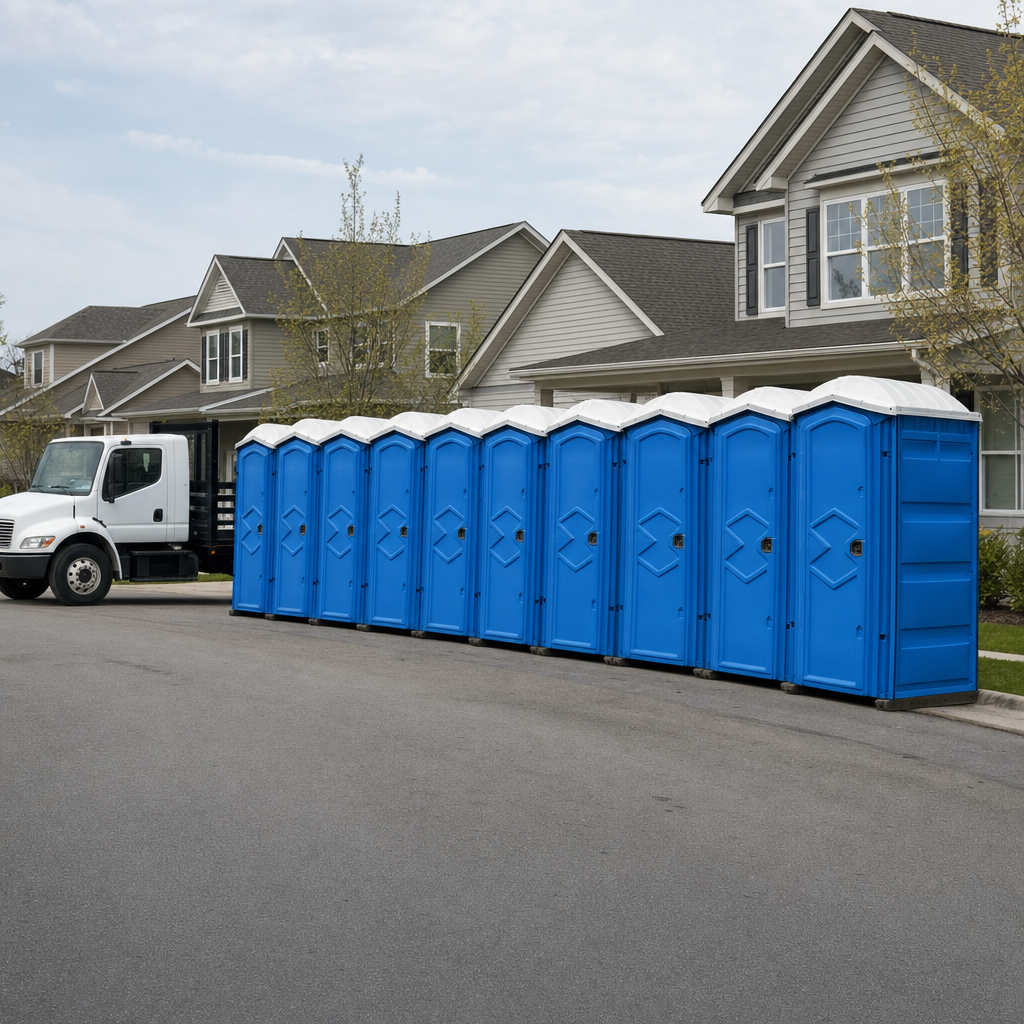 Royal blue portable toilets staged in a tidy row at a Fresh Meadows jobsite, ready for delivery
